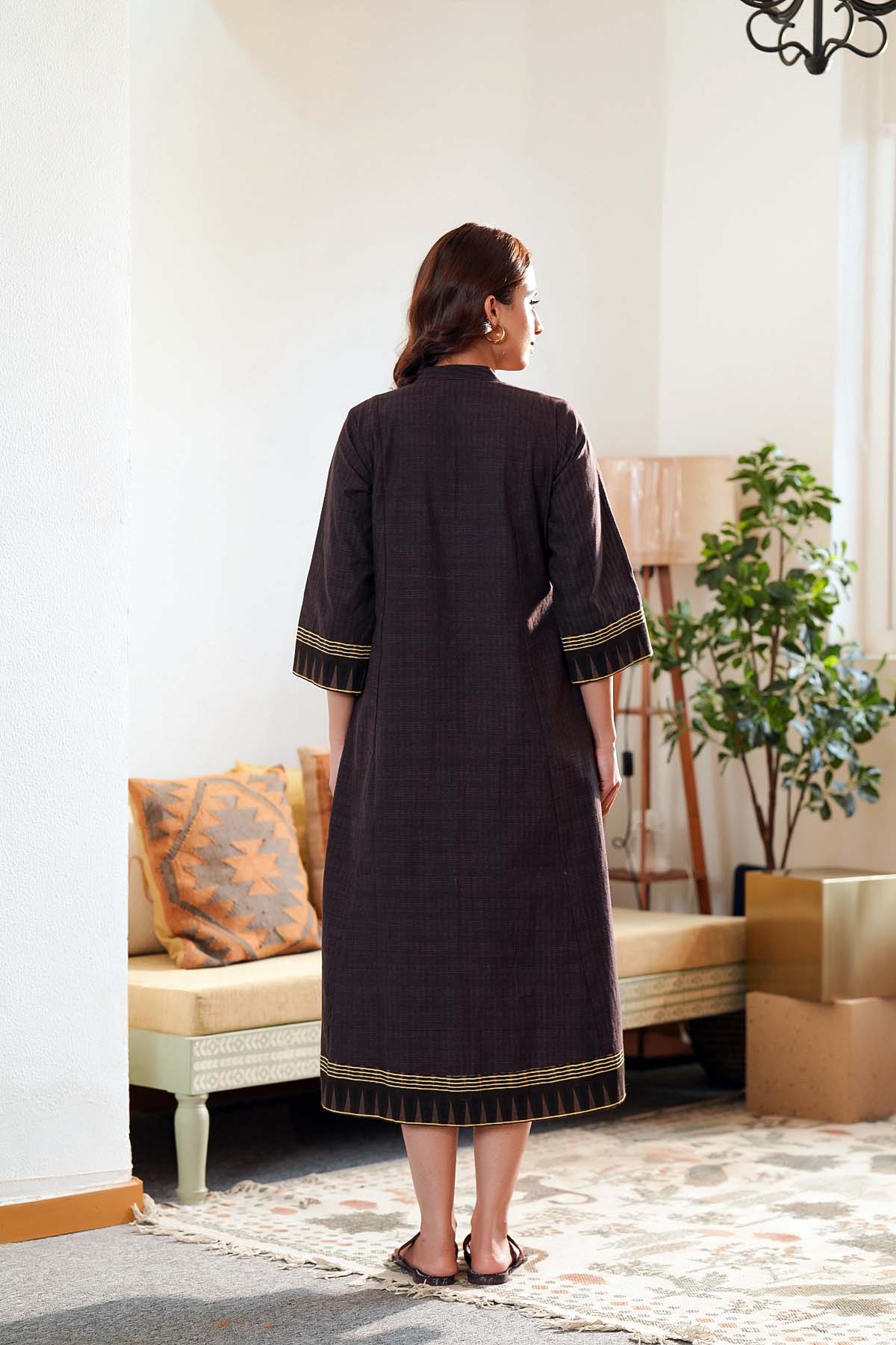 Brown A-Line Dress In Handloom Cotton