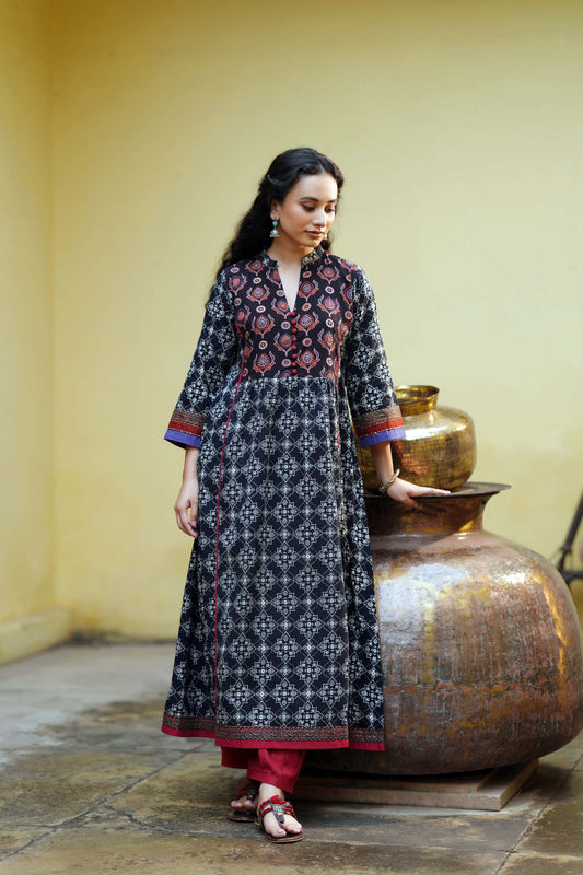 Black Long Length A-Line Kurta In Handblock Cotton