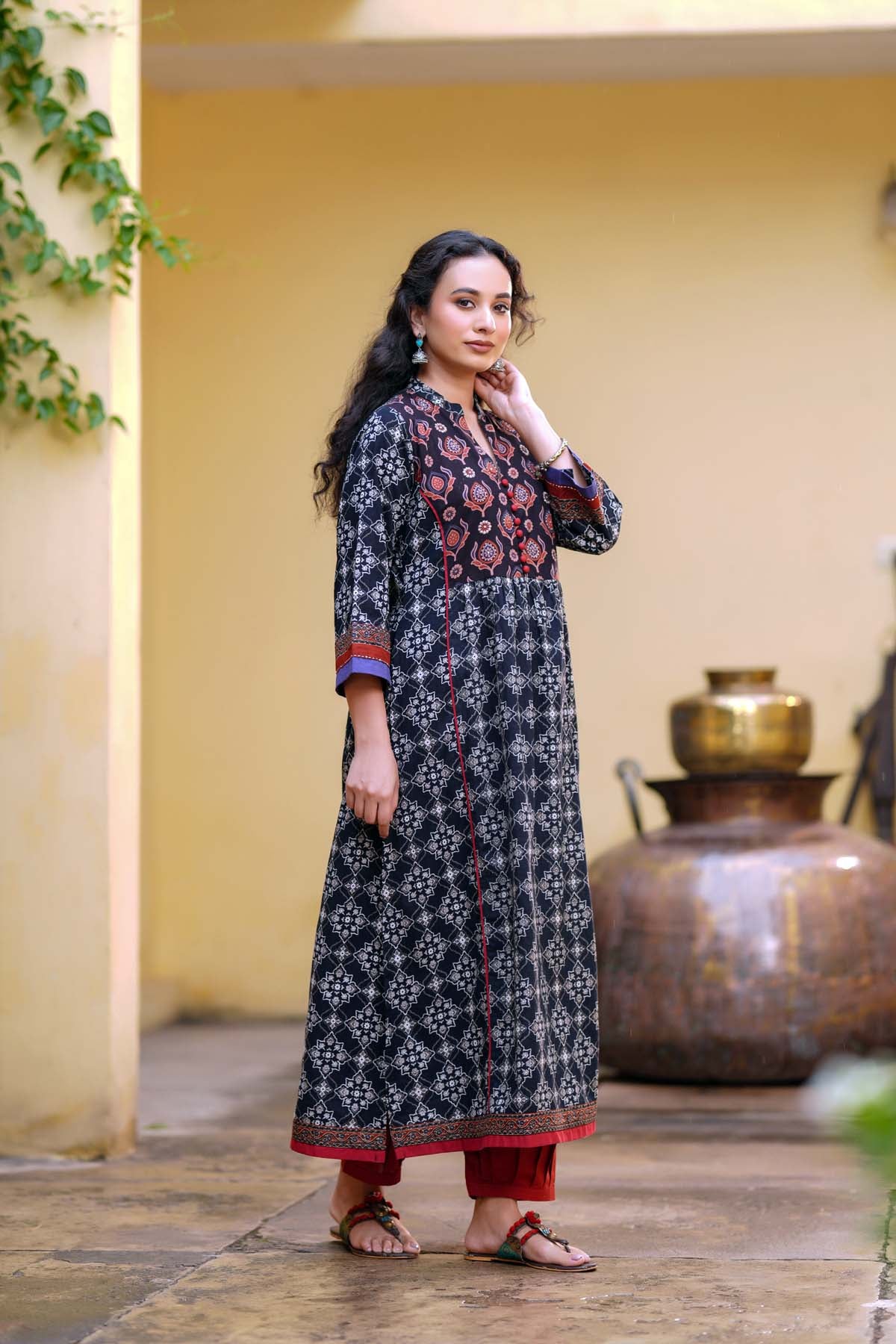 Black Long Length A-Line Kurta In Handblock Cotton