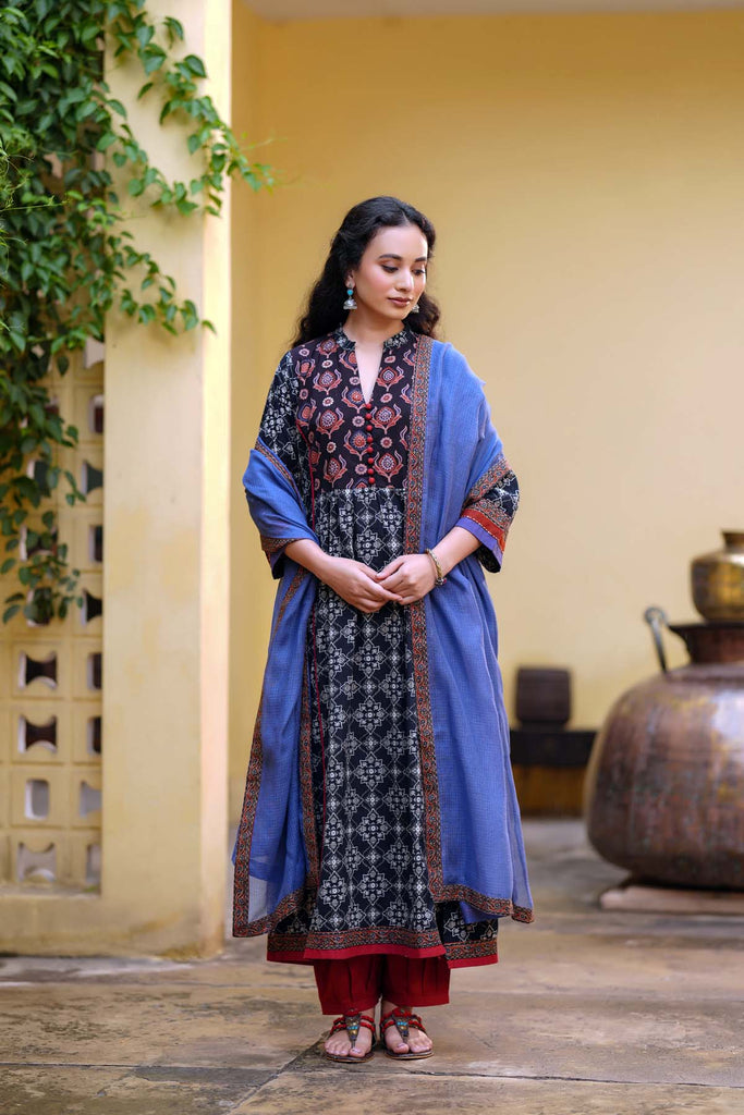 Black Long Length A-Line Kurta In Handblock Cotton