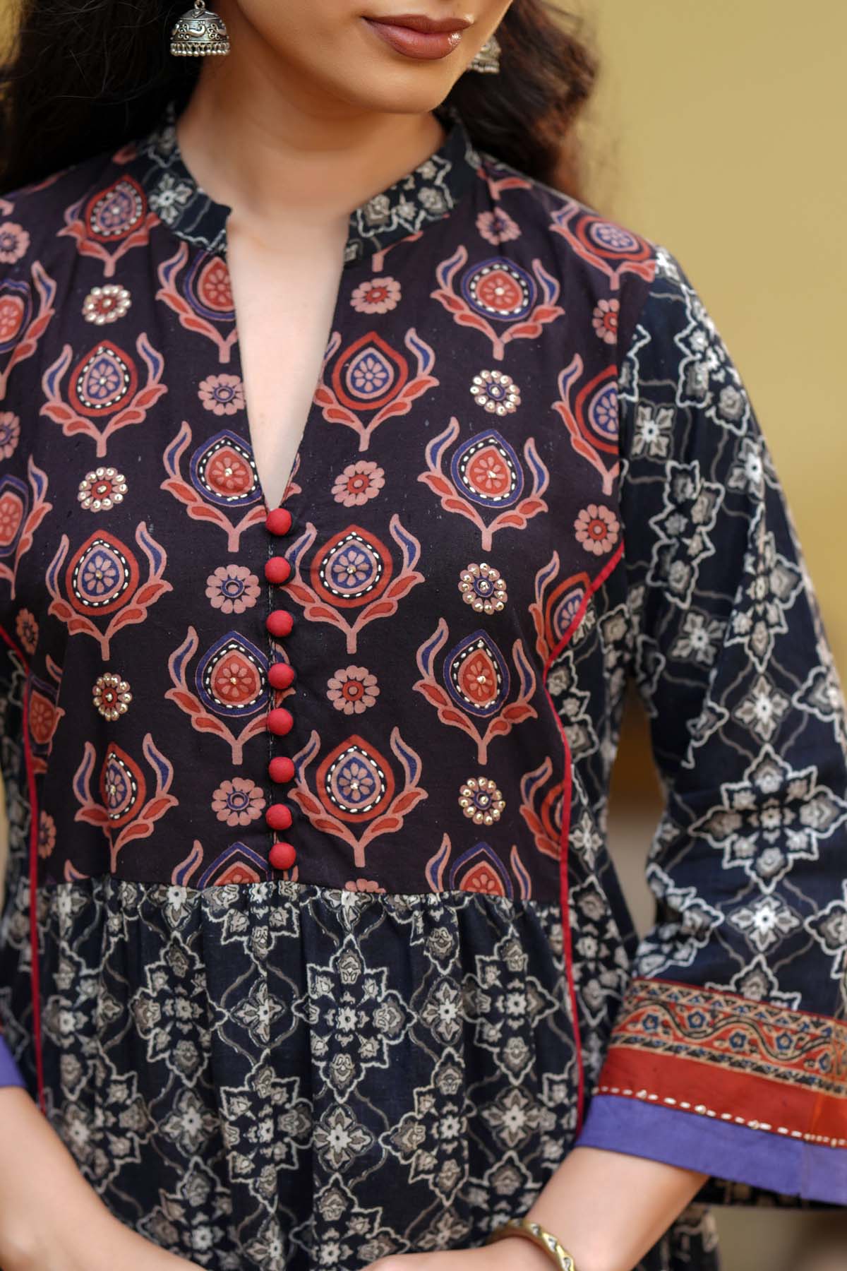Black Long Length A-Line Kurta In Handblock Cotton