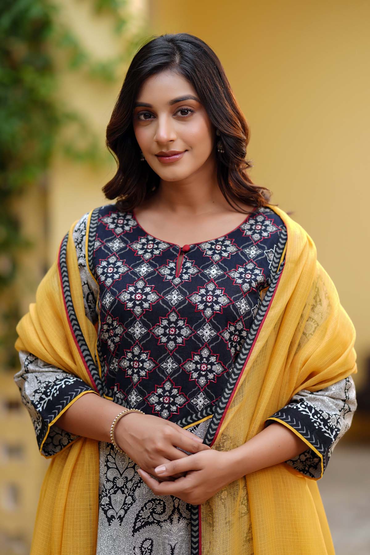 White and Black A-Line Kurta in Cotton Fabric