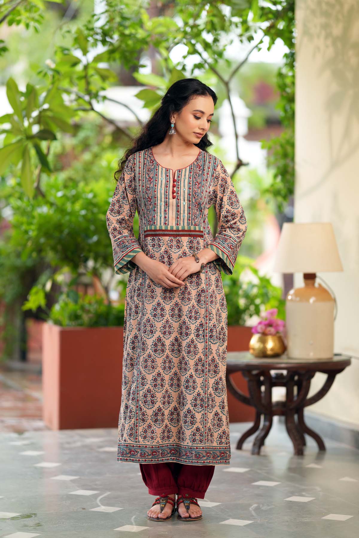 Straight Fit Kurta In Beige Handblock Cotton