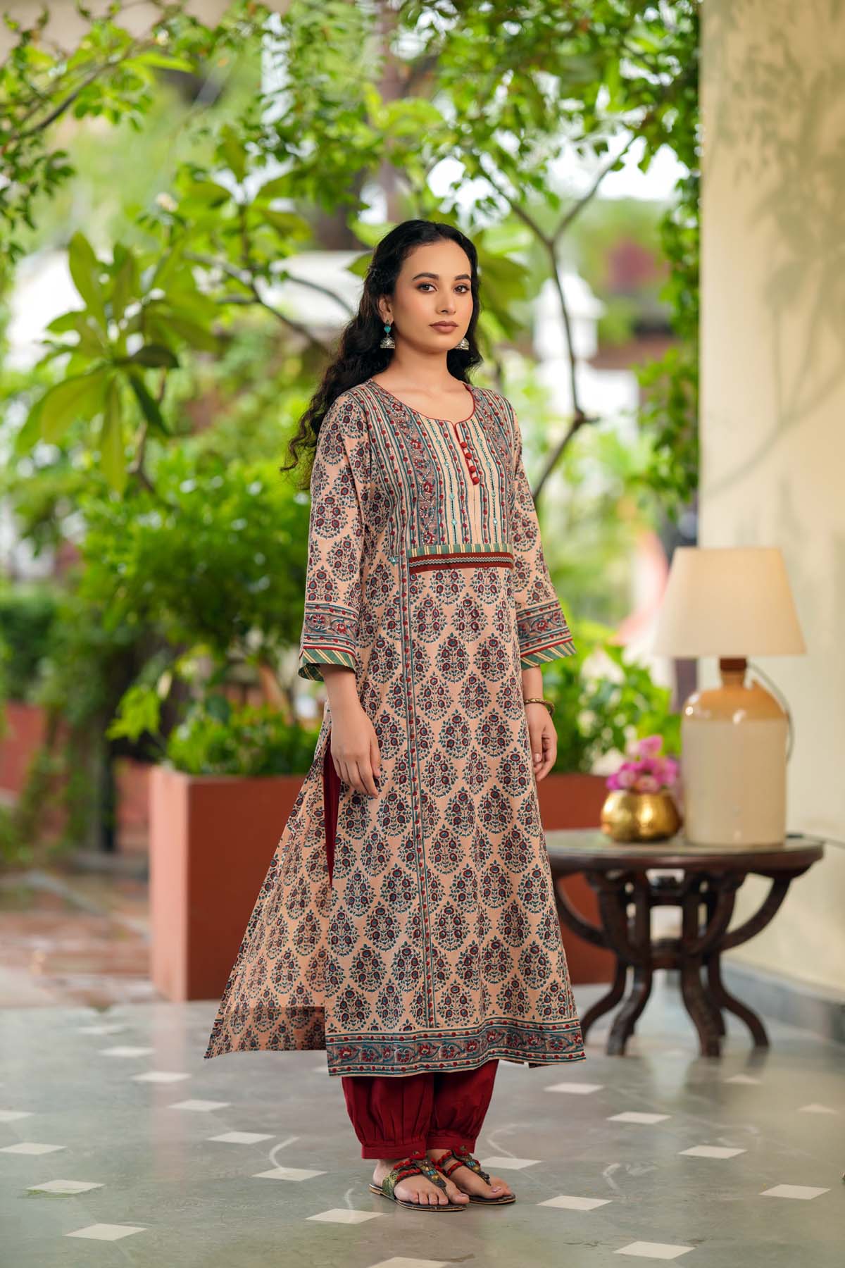 Straight Fit Kurta In Beige Handblock Cotton