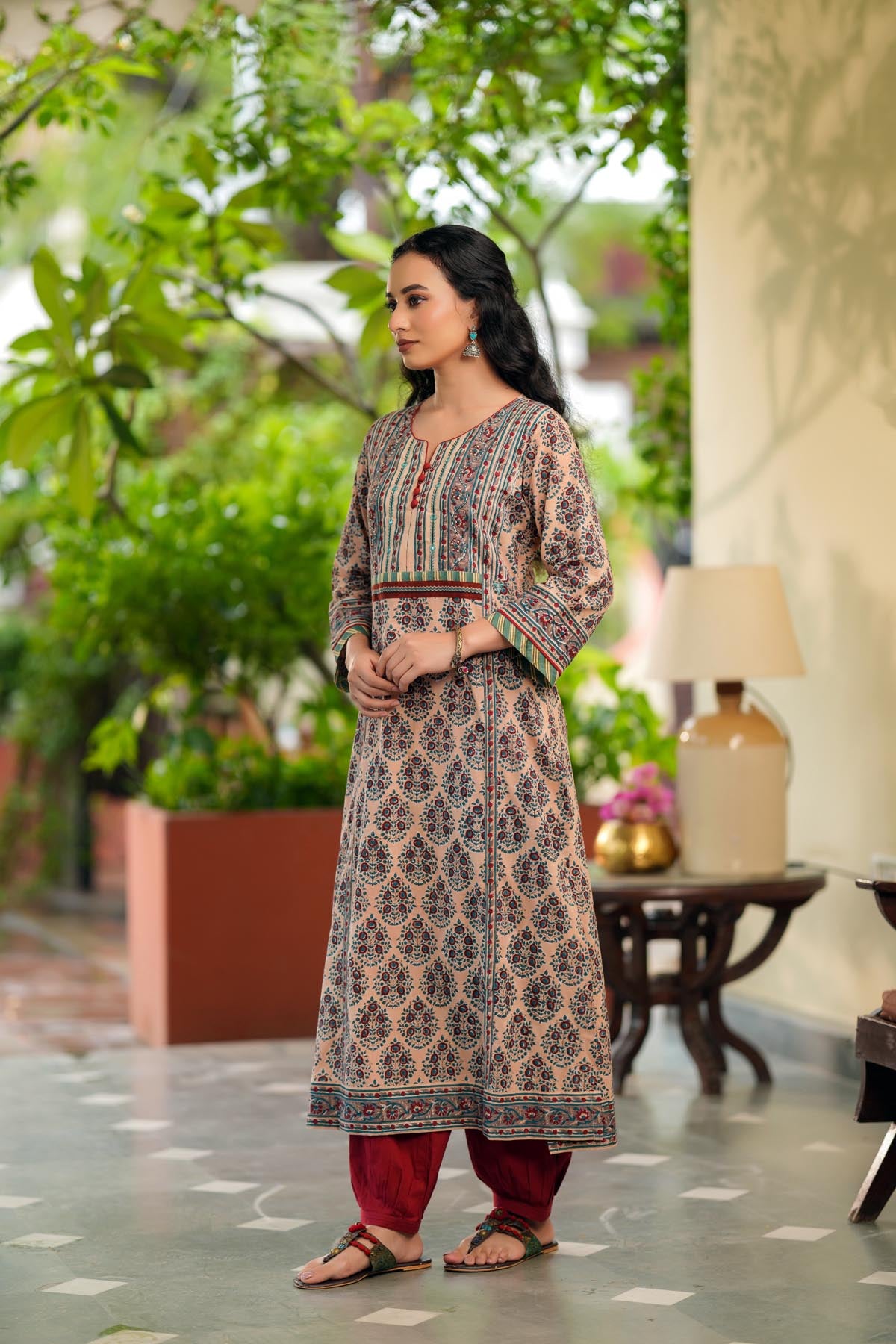 Straight Fit Kurta In Beige Handblock Cotton