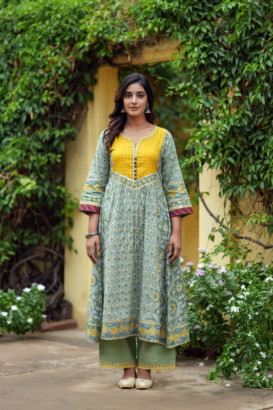 Olive Green A-Line Kurta In Handblock Cotton