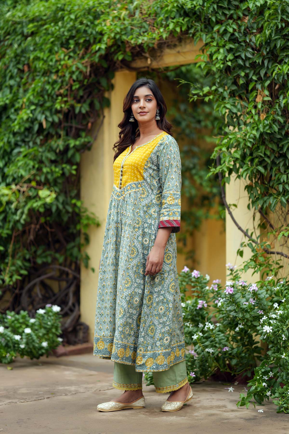 Olive Green A-Line Kurta In Handblock Cotton