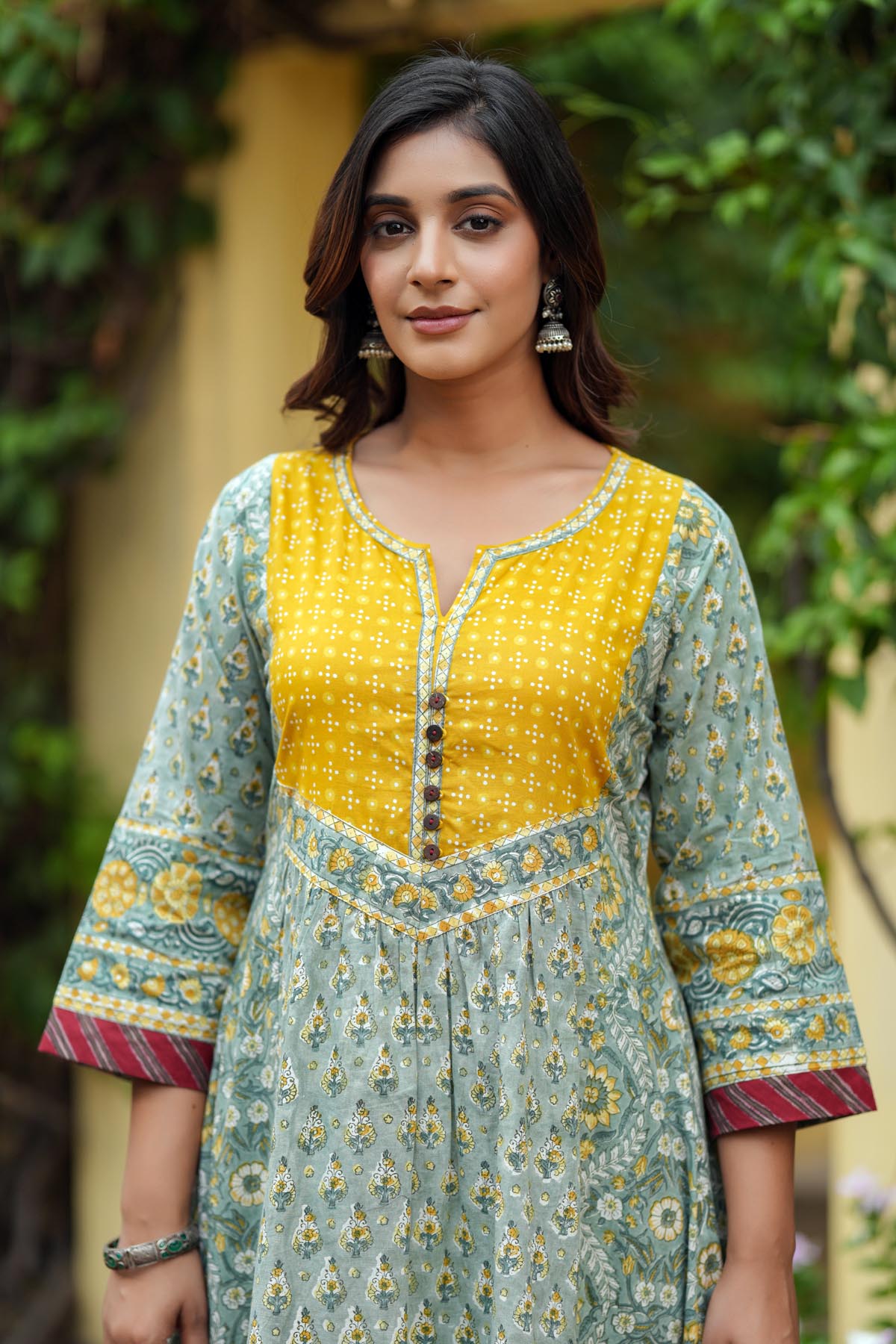 Olive Green A-Line Kurta In Handblock Cotton