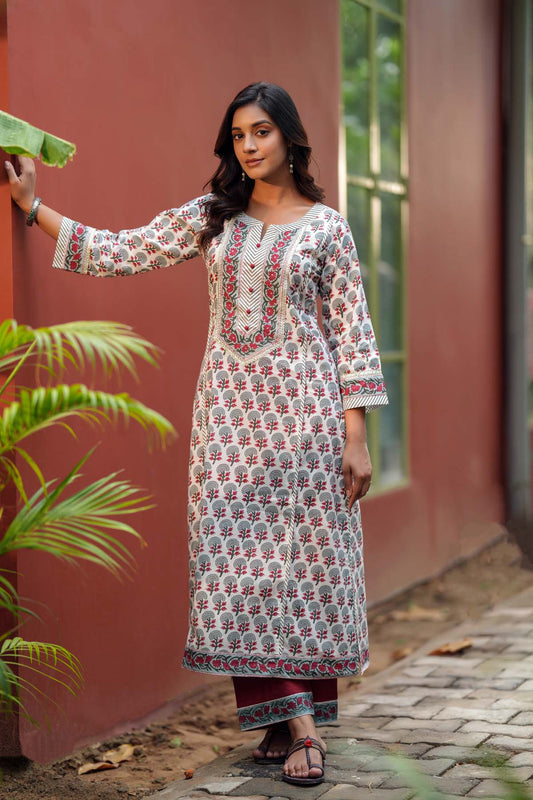 White And Grey Straight Fit Kurta In Handblock Cotton