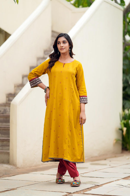 Mustard Yellow A-Line Kurta In Handloom Cotton