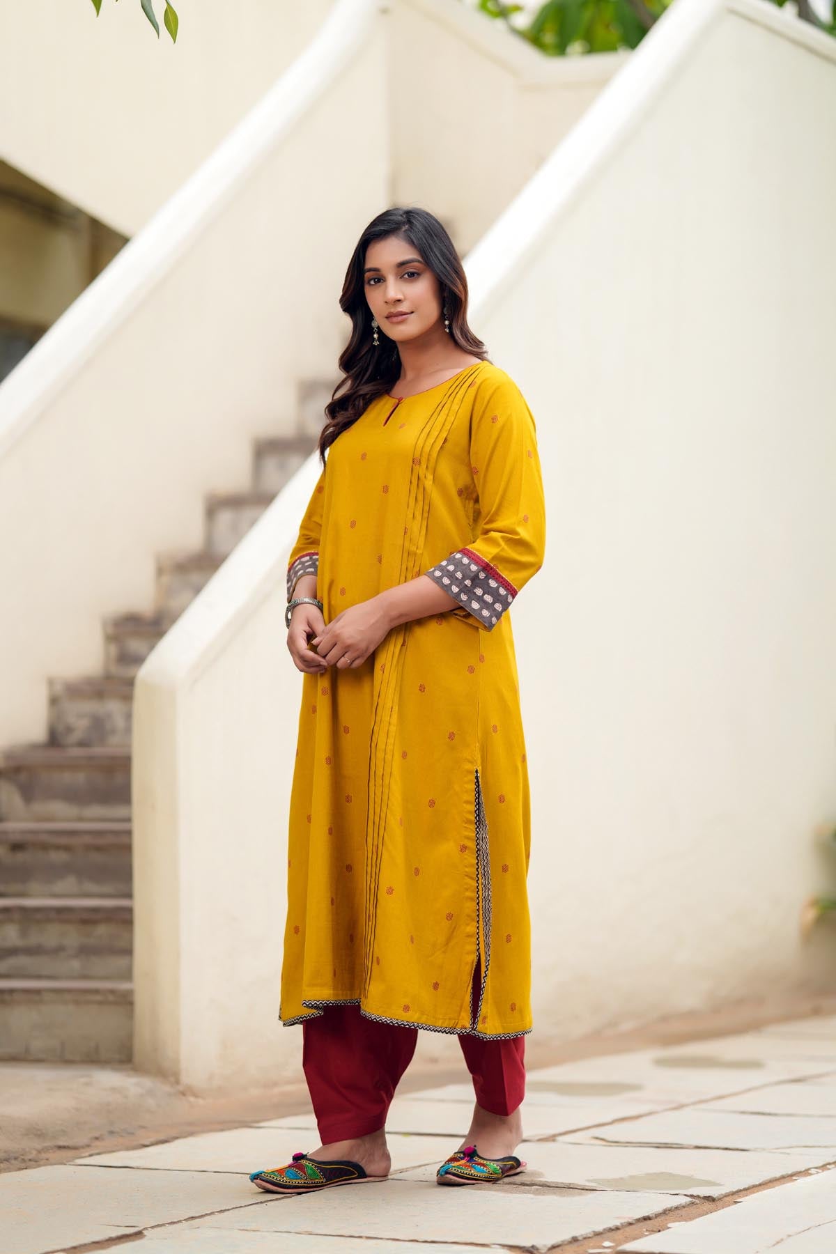 Mustard Yellow A-Line Kurta In Handloom Cotton