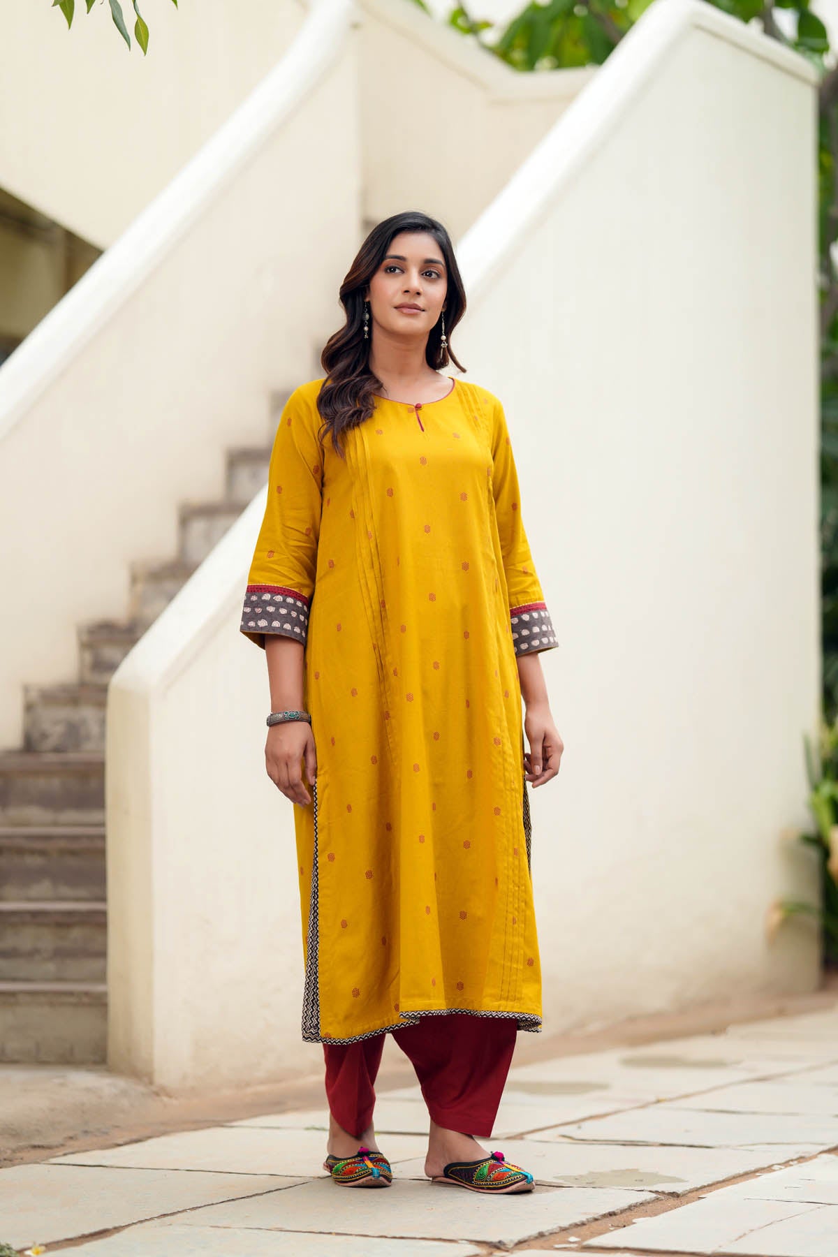 Mustard Yellow A-Line Kurta In Handloom Cotton