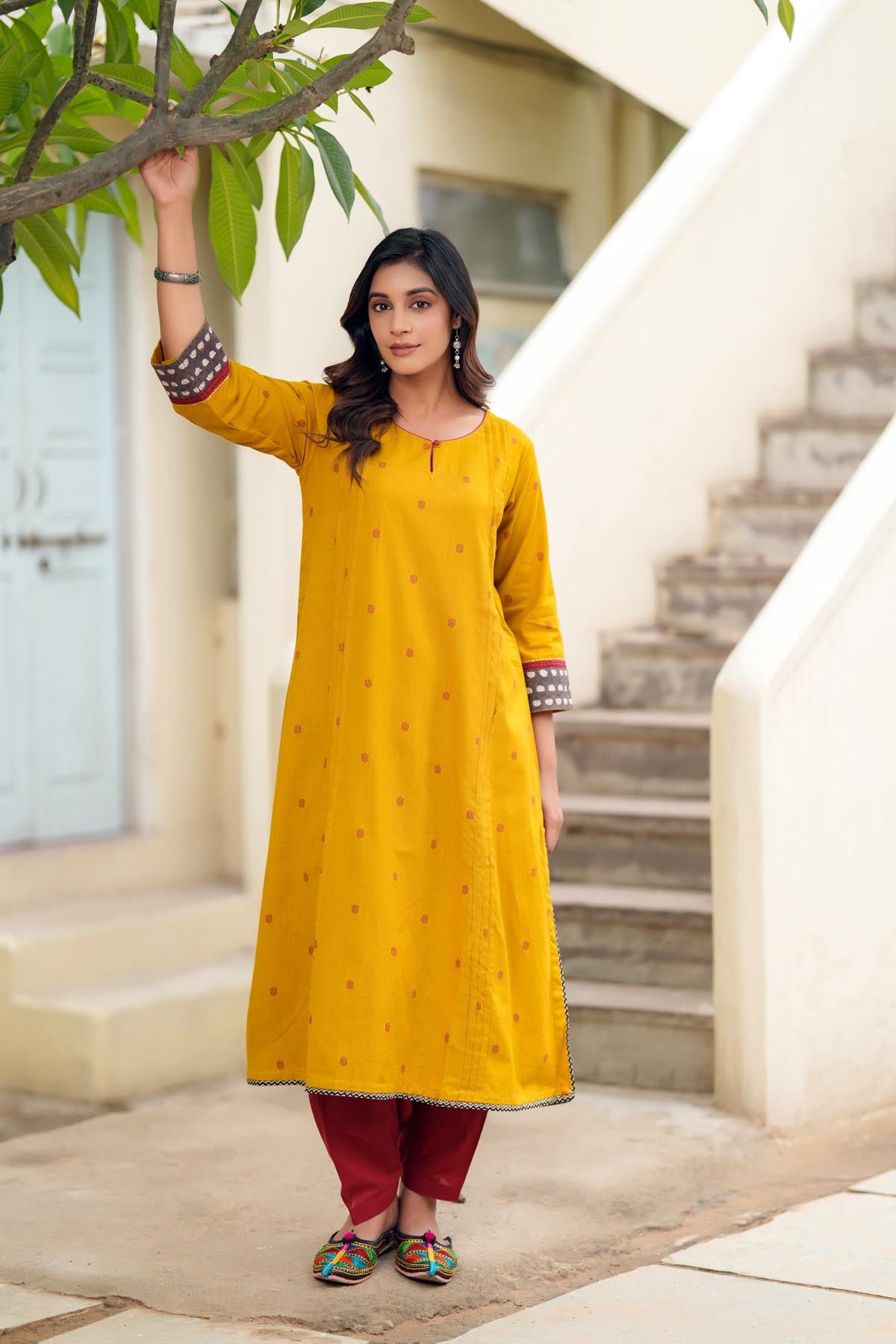 Mustard Yellow A-Line Kurta In Handloom Cotton