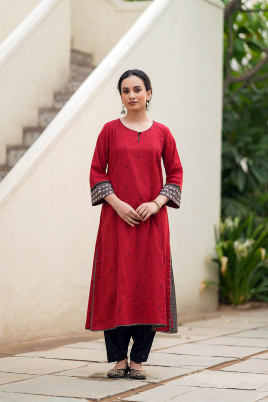 Deep Red A-Line Kurta In Handloom Cotton