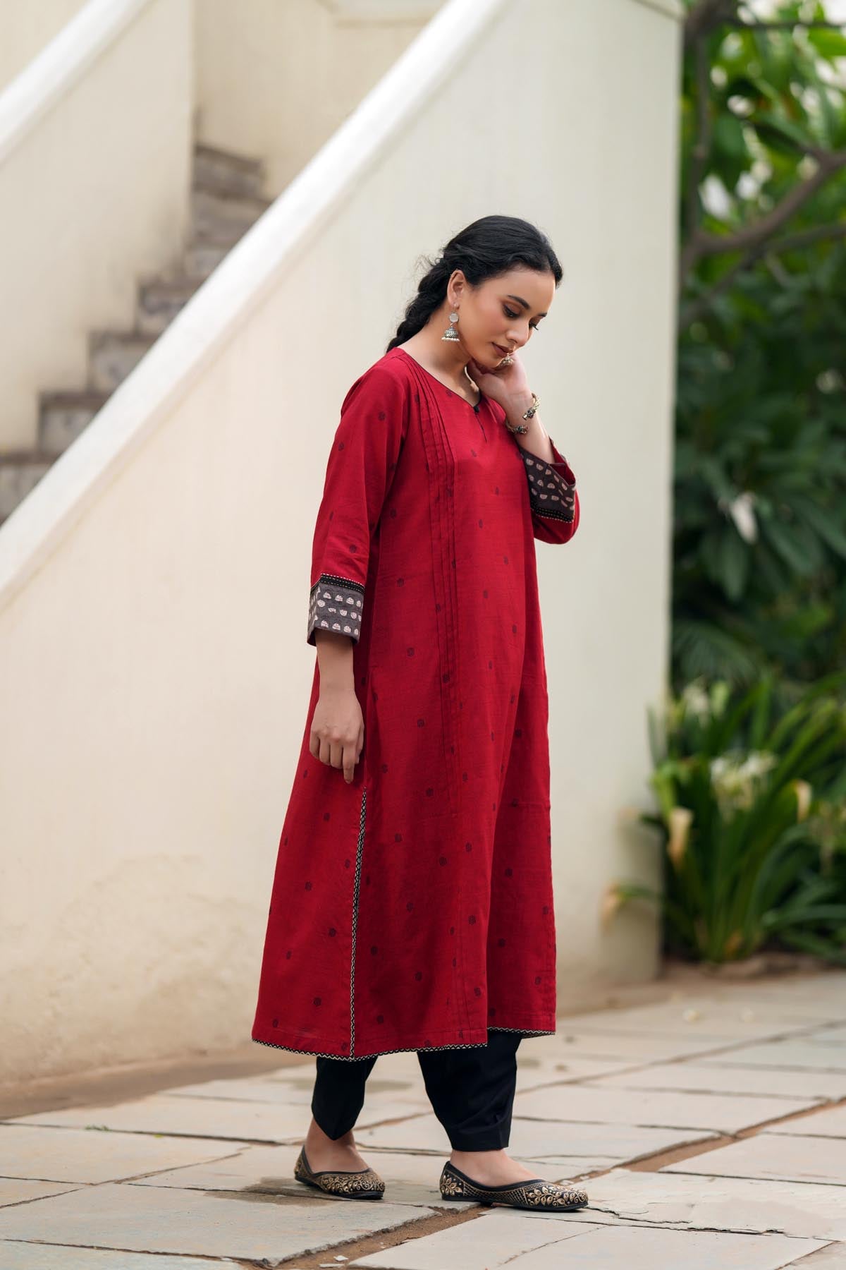 Deep Red A-Line Kurta In Handloom Cotton