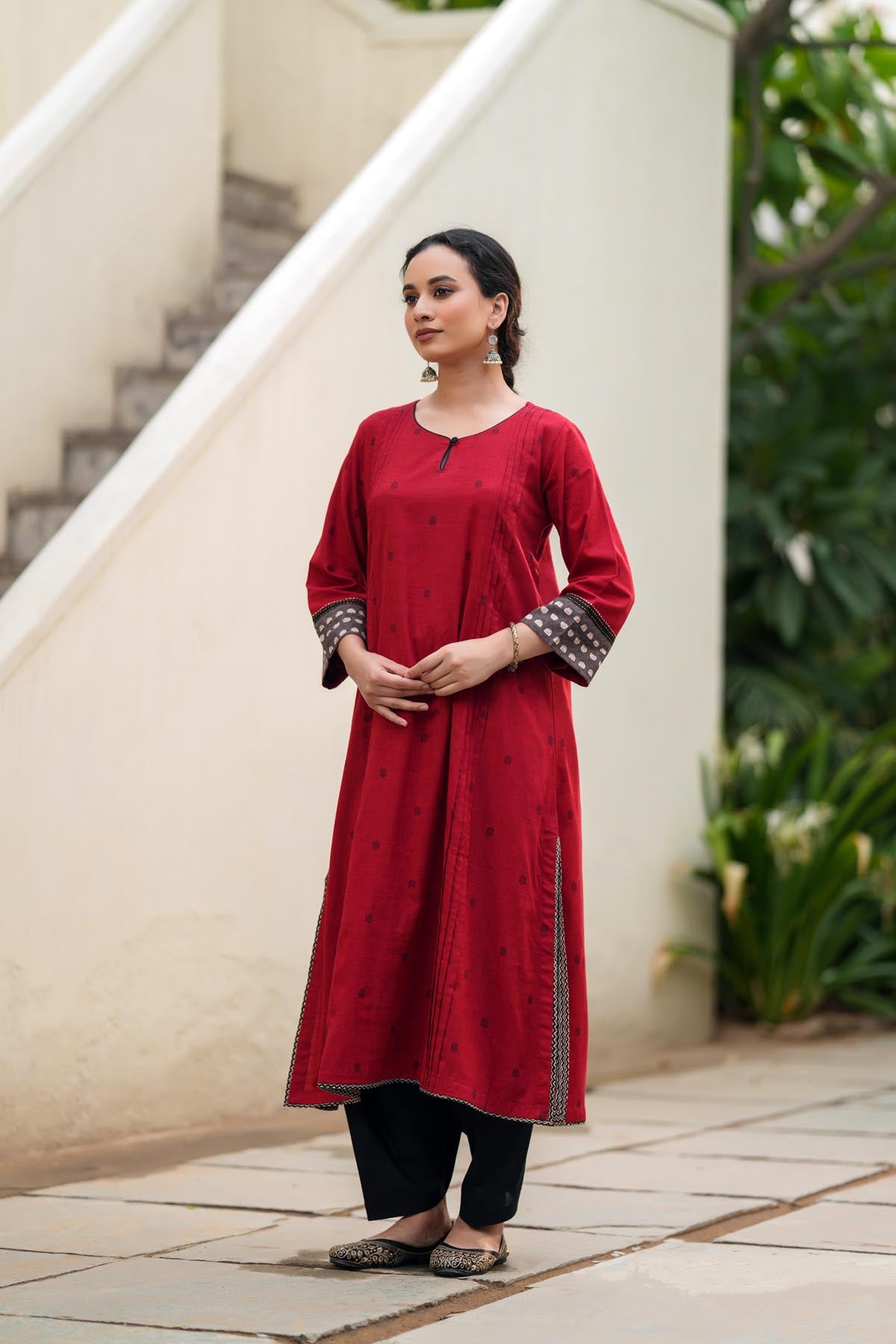 Deep Red A-Line Kurta In Handloom Cotton