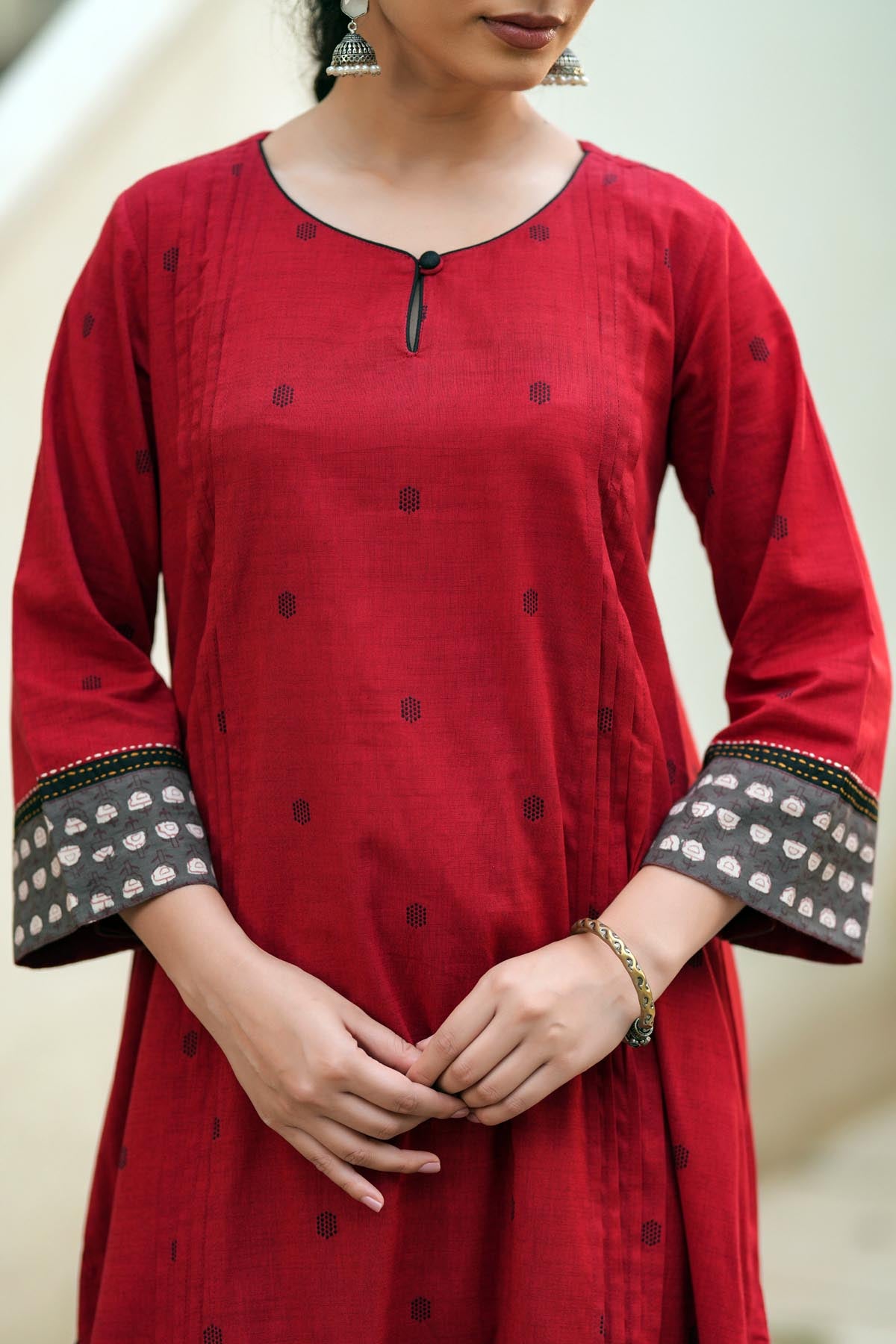 Deep Red A-Line Kurta In Handloom Cotton