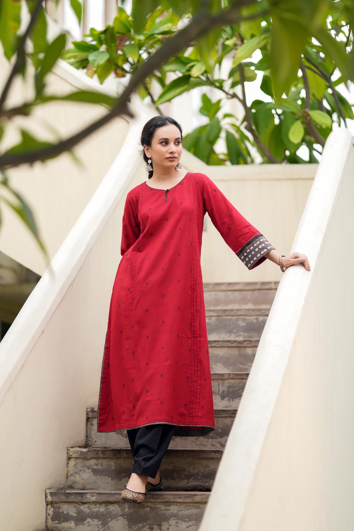 Deep Red A-Line Kurta In Handloom Cotton
