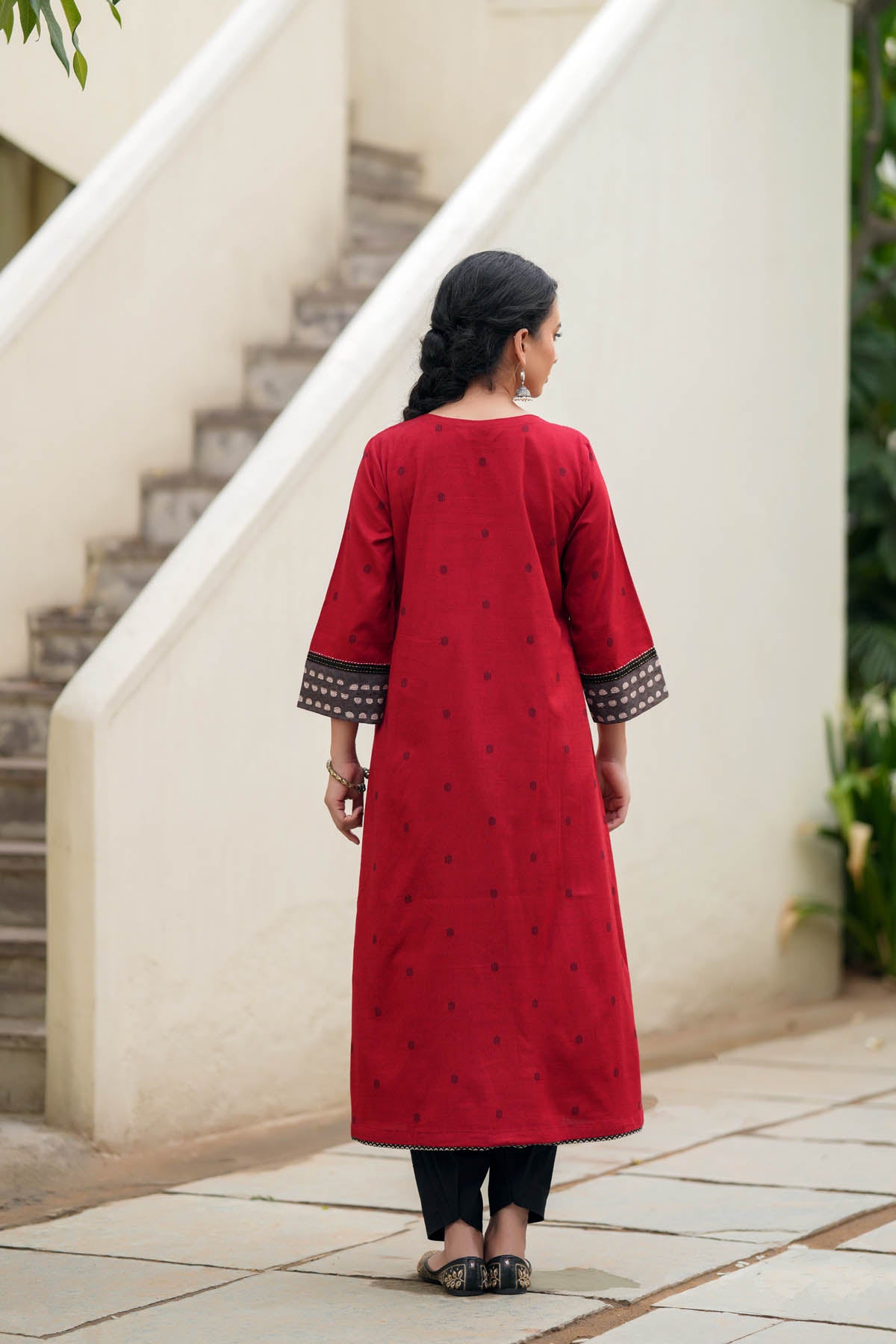 Deep Red A-Line Kurta In Handloom Cotton