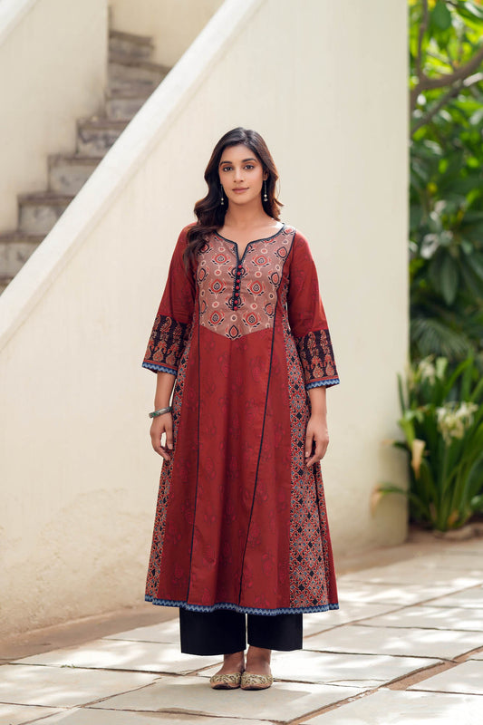 A-Line Kalidaar Kurta In Maroon Cotton