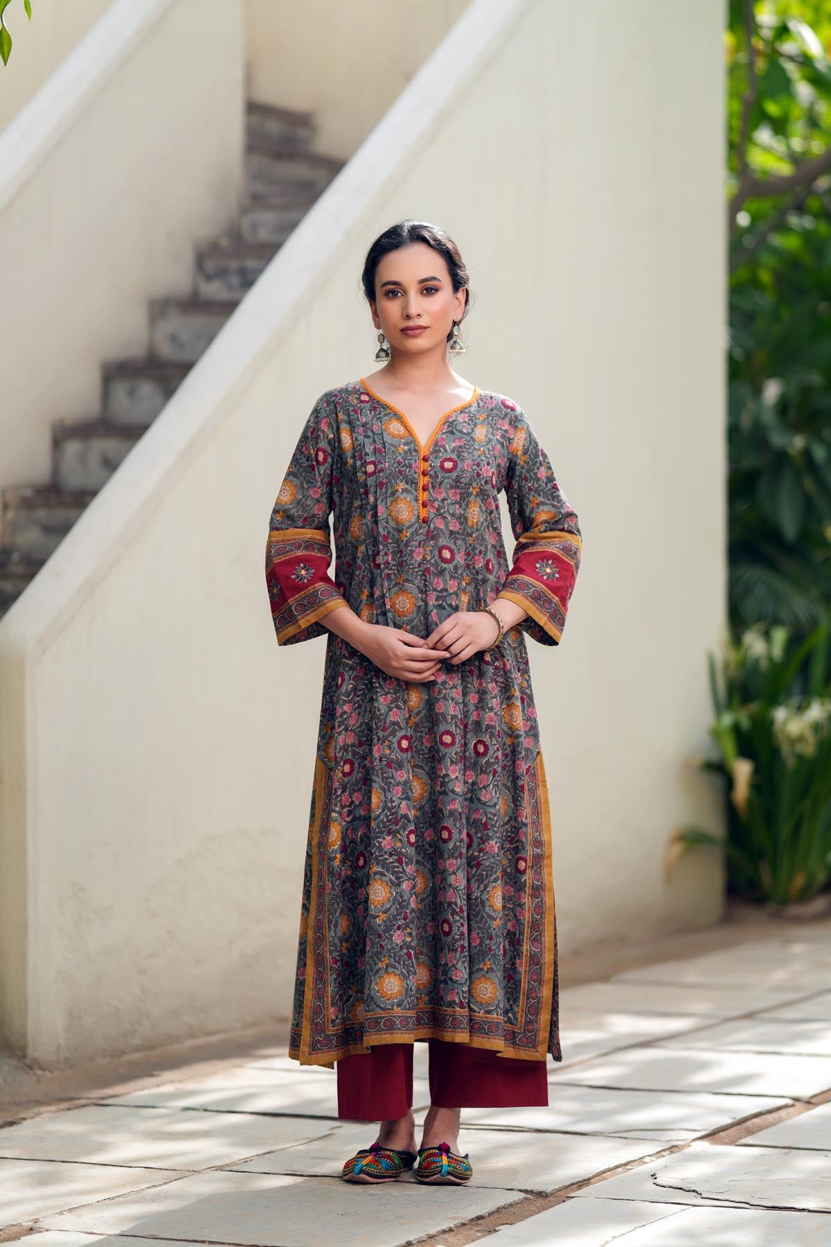 Olive Green A-Line Kurta In Handblock Cotton