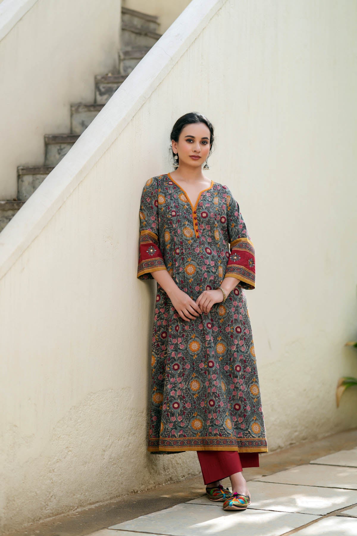 Olive Green A-Line Kurta In Handblock Cotton