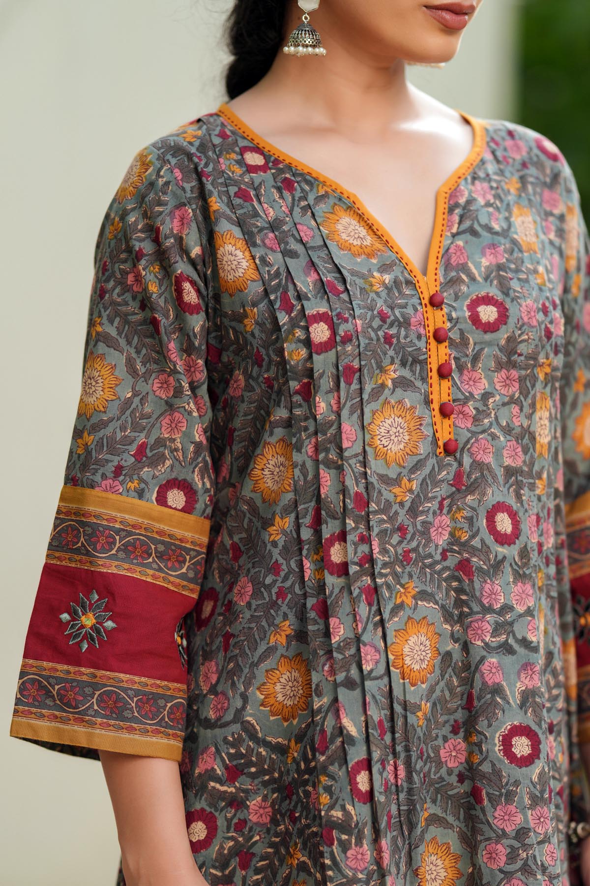 Olive Green A-Line Kurta In Handblock Cotton