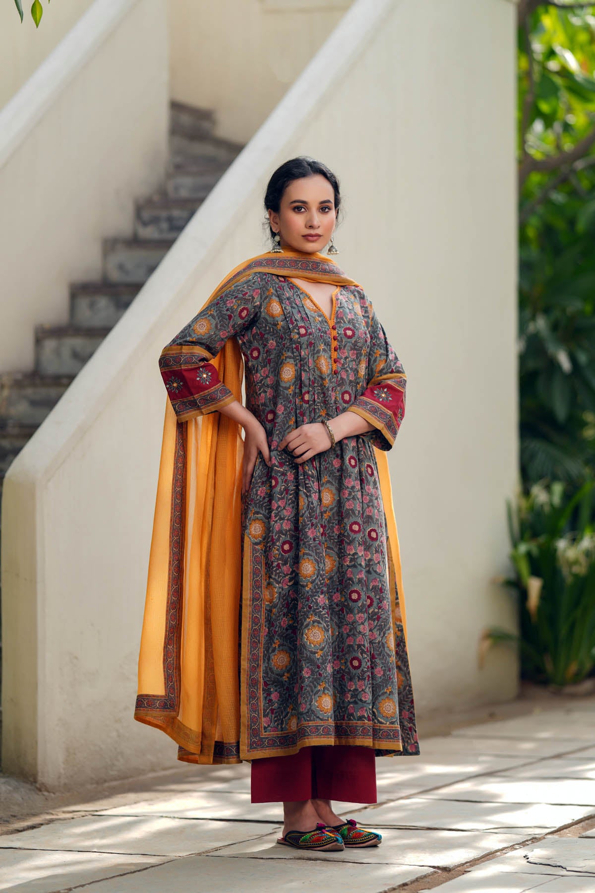Olive Green A-Line Kurta In Handblock Cotton