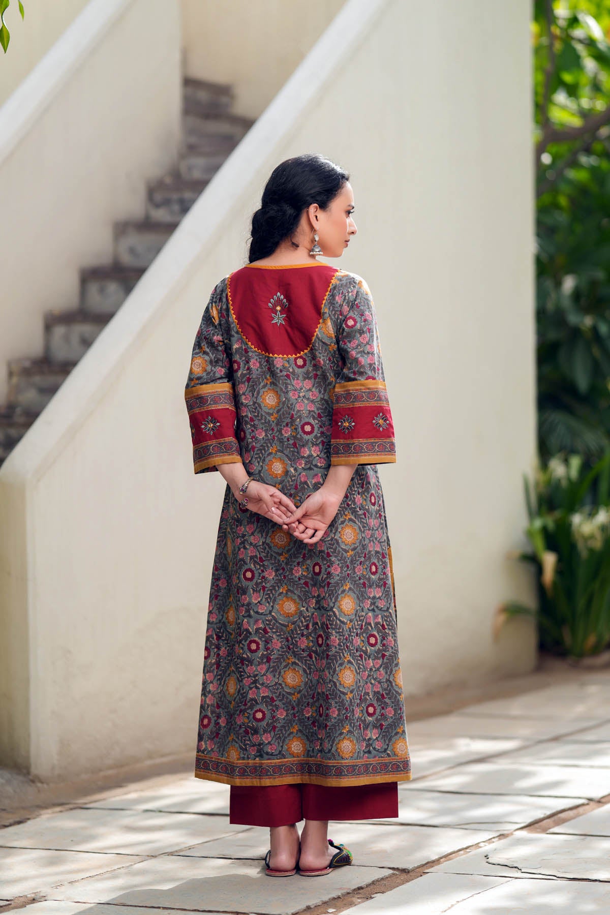 Olive Green A-Line Kurta In Handblock Cotton
