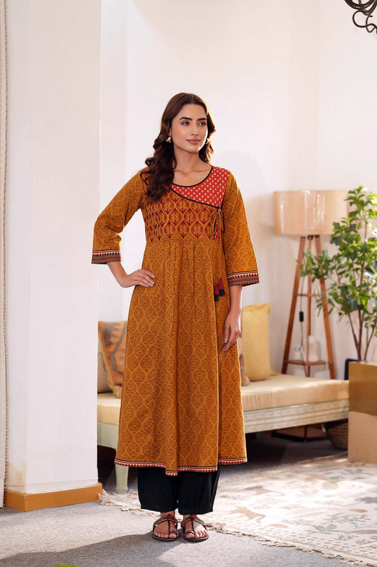 Deep Mustard A-Line Kurta In Handblock Cotton