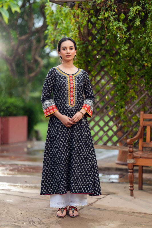 Black Long Length A-Line Cotton Kurta