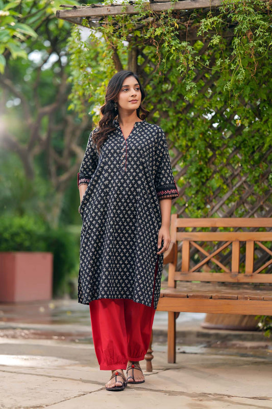 Black Short Length Loose Fit Cotton Kurta