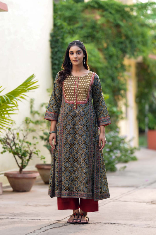 Long Length A-Line Fit Brown Kurta