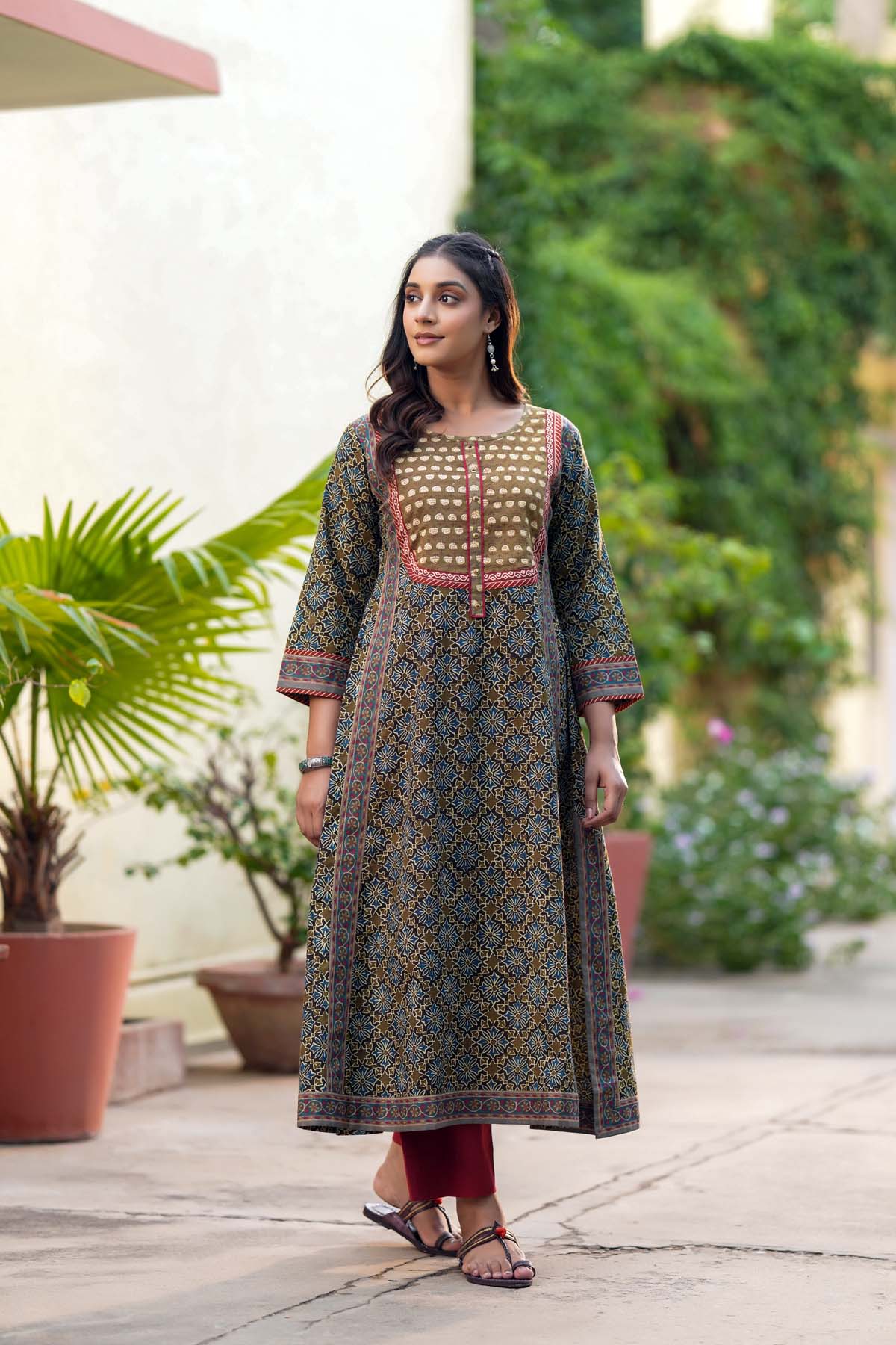 Long Length A-Line Fit Brown Kurta