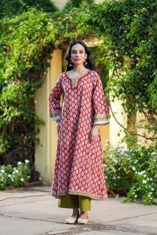 Red A-Line Fit Kurta In Hand Block Cotton