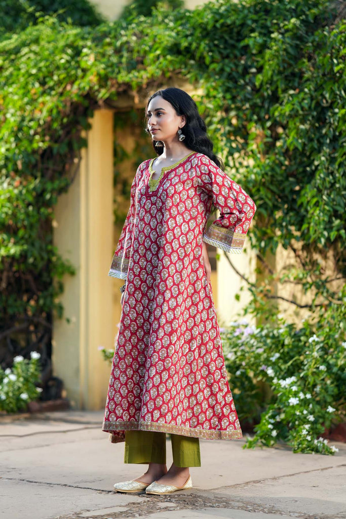 Red A-Line Fit Kurta In Hand Block Cotton