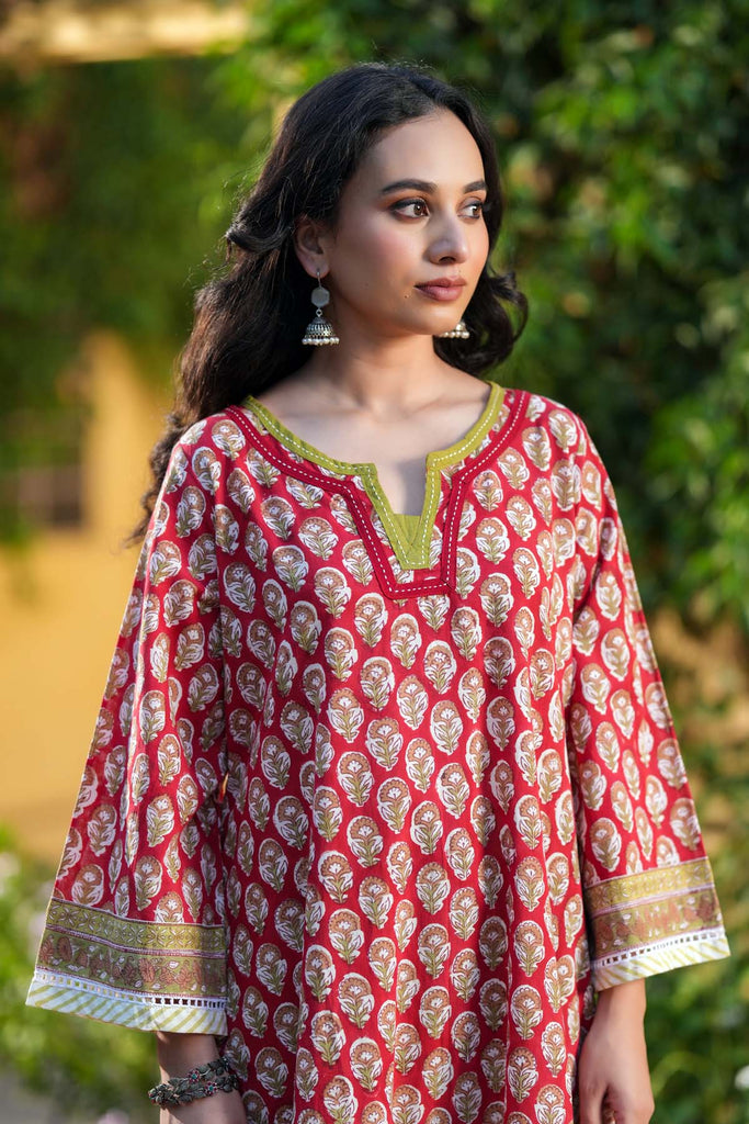 Red A-Line Fit Kurta In Hand Block Cotton