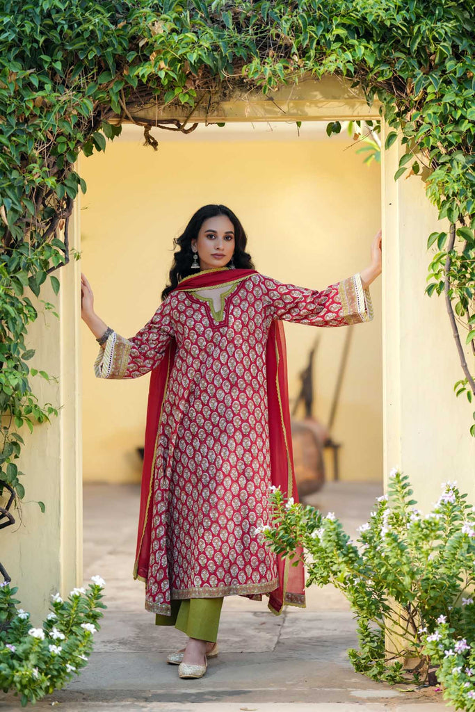 Red A-Line Fit Kurta In Hand Block Cotton