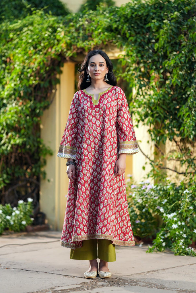 Red A-Line Fit Kurta In Hand Block Cotton