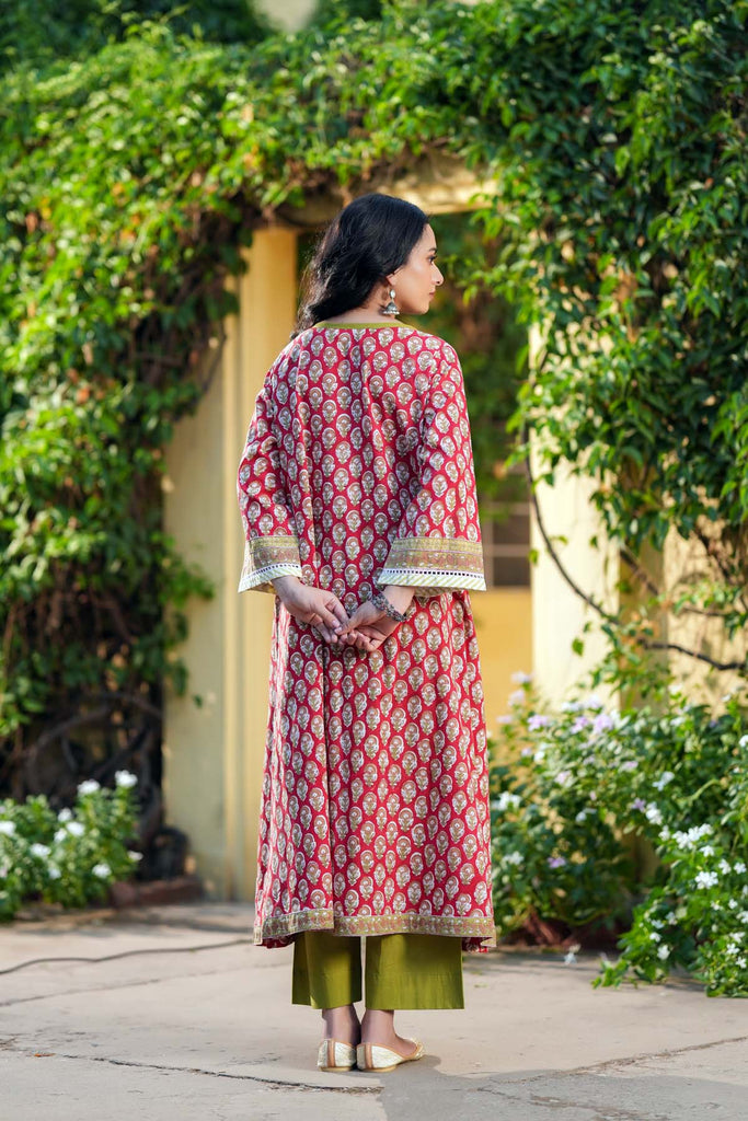 Red A-Line Fit Kurta In Hand Block Cotton