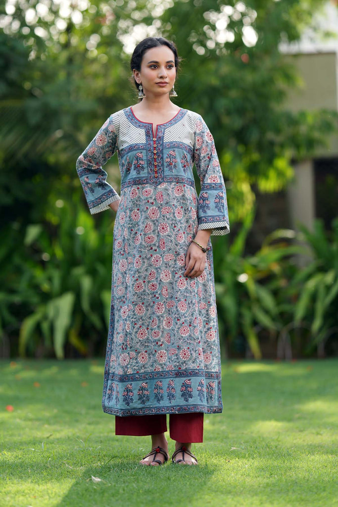Sky Blue A-Line Fit Kurta In Hand Block Cotton