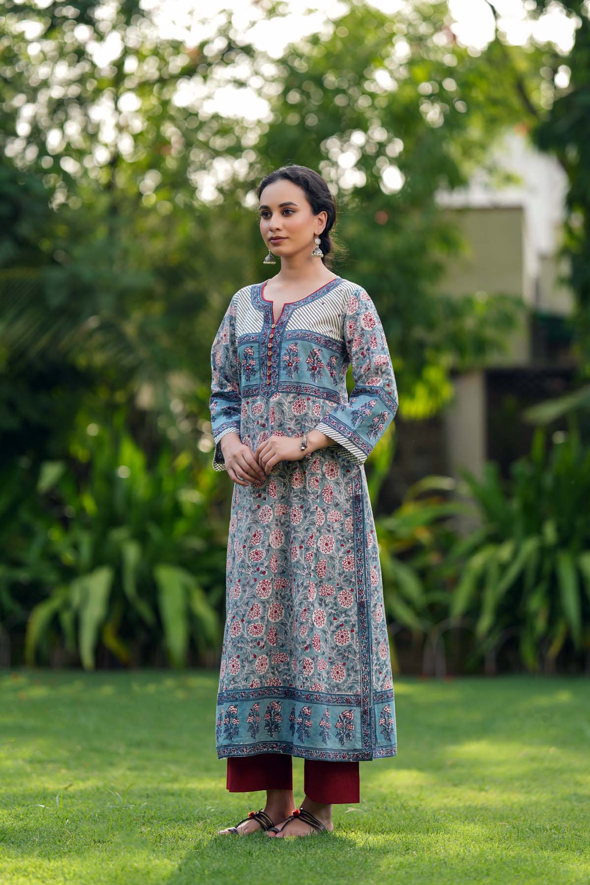 Sky Blue A-Line Fit Kurta In Hand Block Cotton
