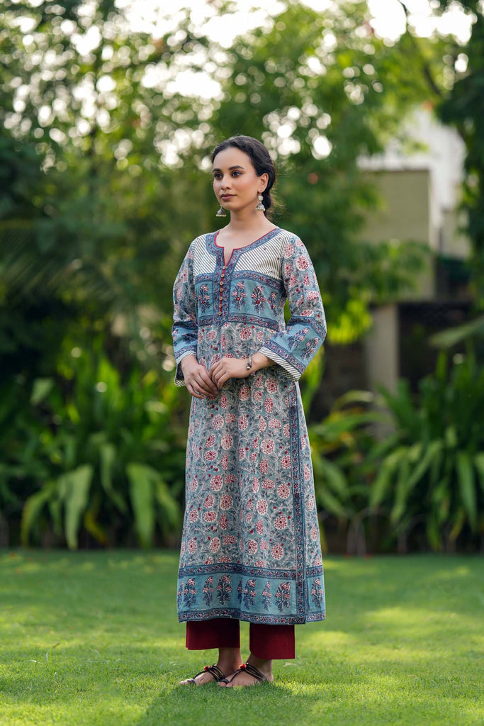 Sky Blue A-Line Fit Kurta In Hand Block Cotton