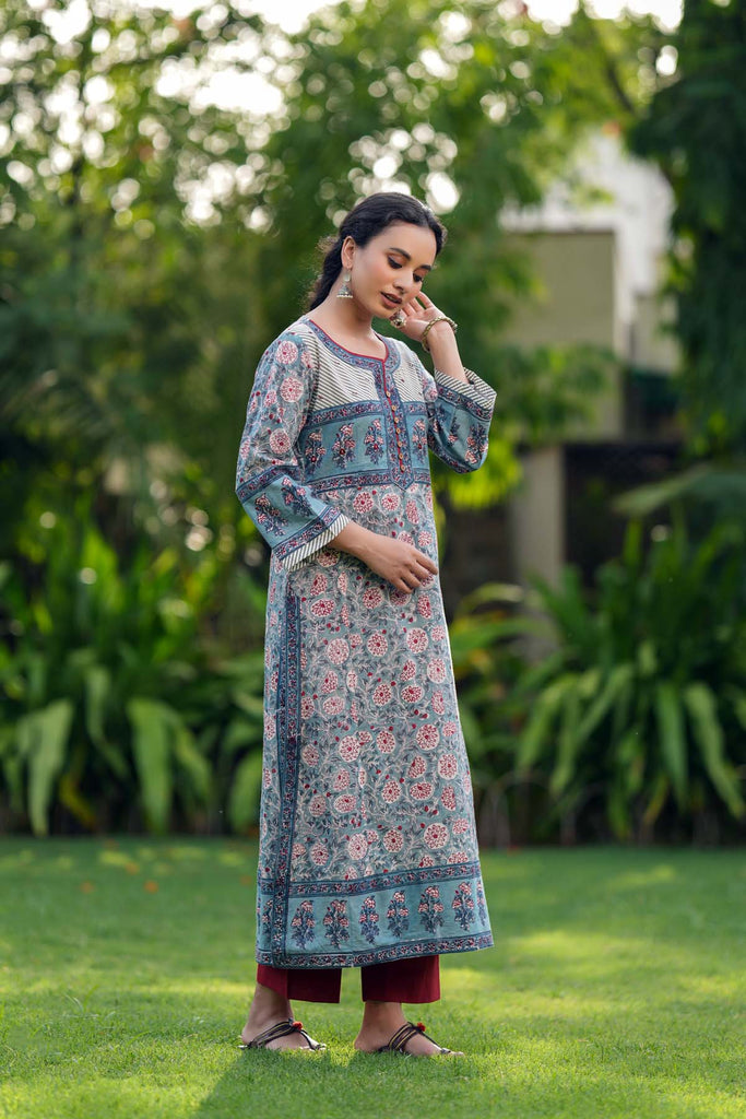 Sky Blue A-Line Fit Kurta In Hand Block Cotton