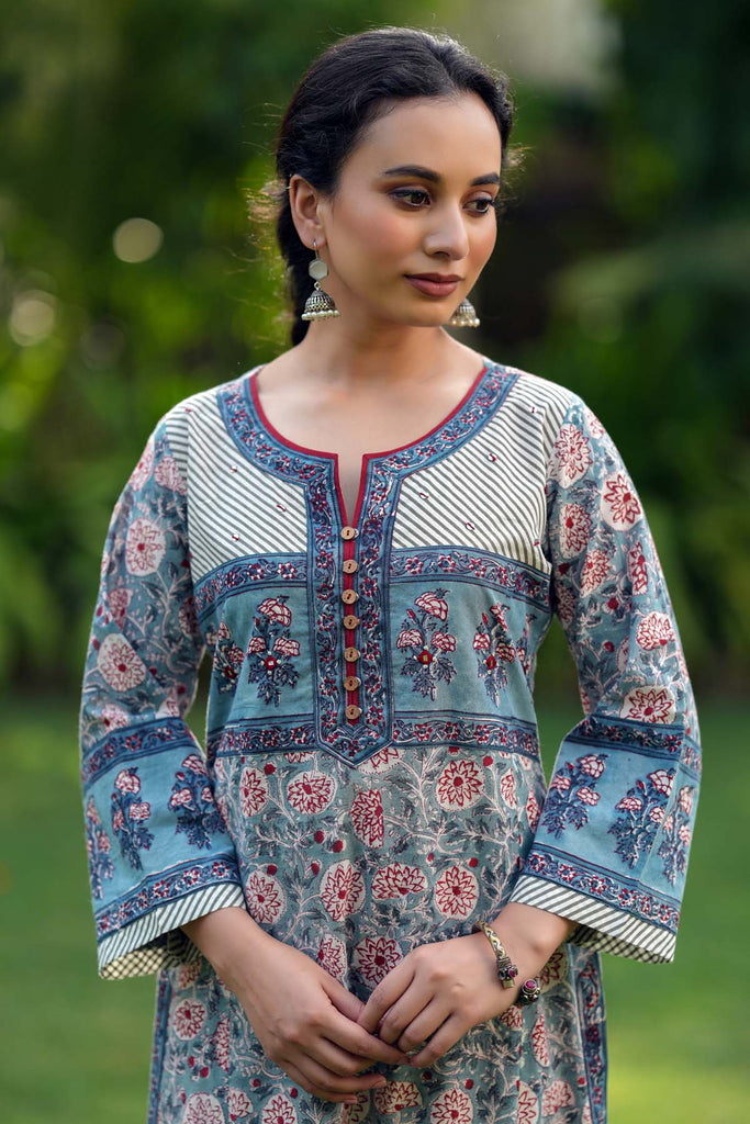 Sky Blue A-Line Fit Kurta In Hand Block Cotton