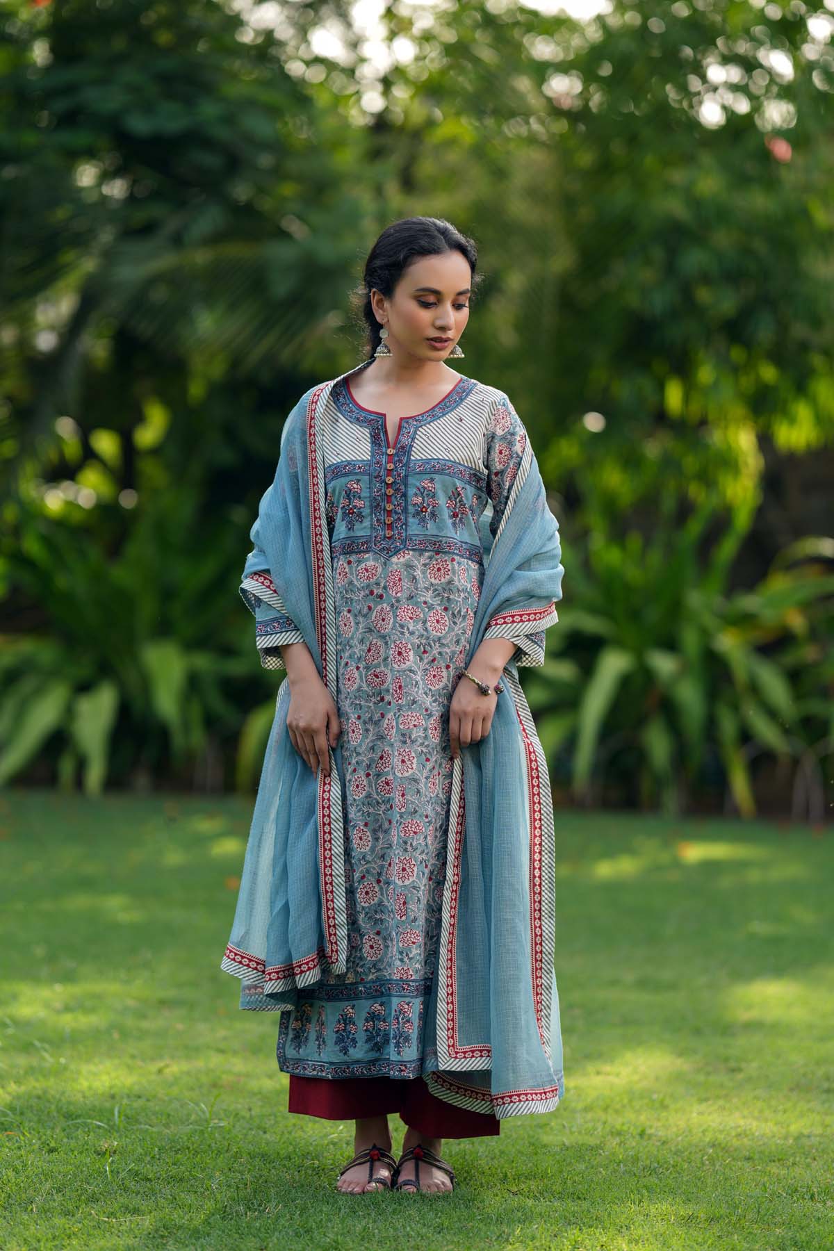 Sky Blue A-Line Fit Kurta In Hand Block Cotton