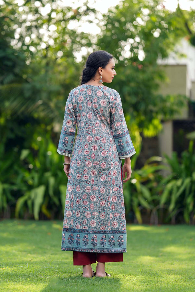 Sky Blue A-Line Fit Kurta In Hand Block Cotton