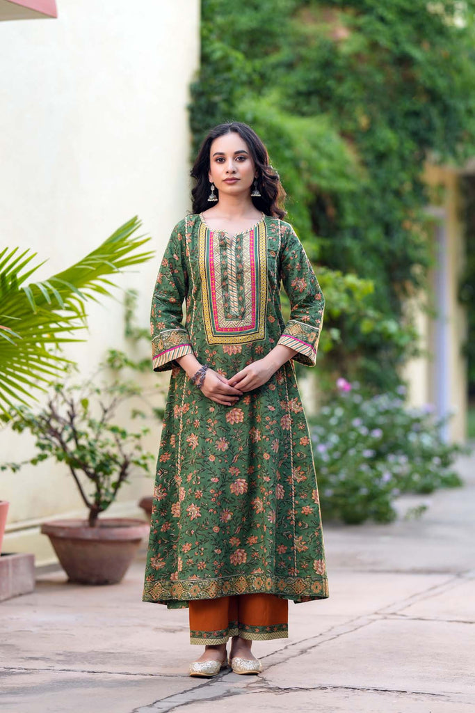 Mehndi Green A-Line Fit Kurta In Hand Block Cotton