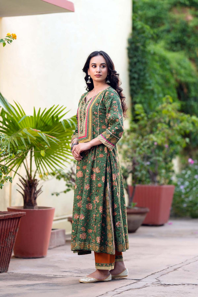 Mehndi Green A-Line Fit Kurta In Hand Block Cotton