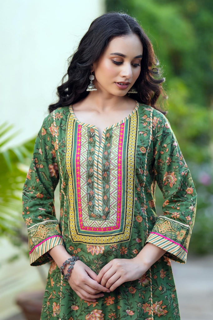 Mehndi Green A-Line Fit Kurta In Hand Block Cotton